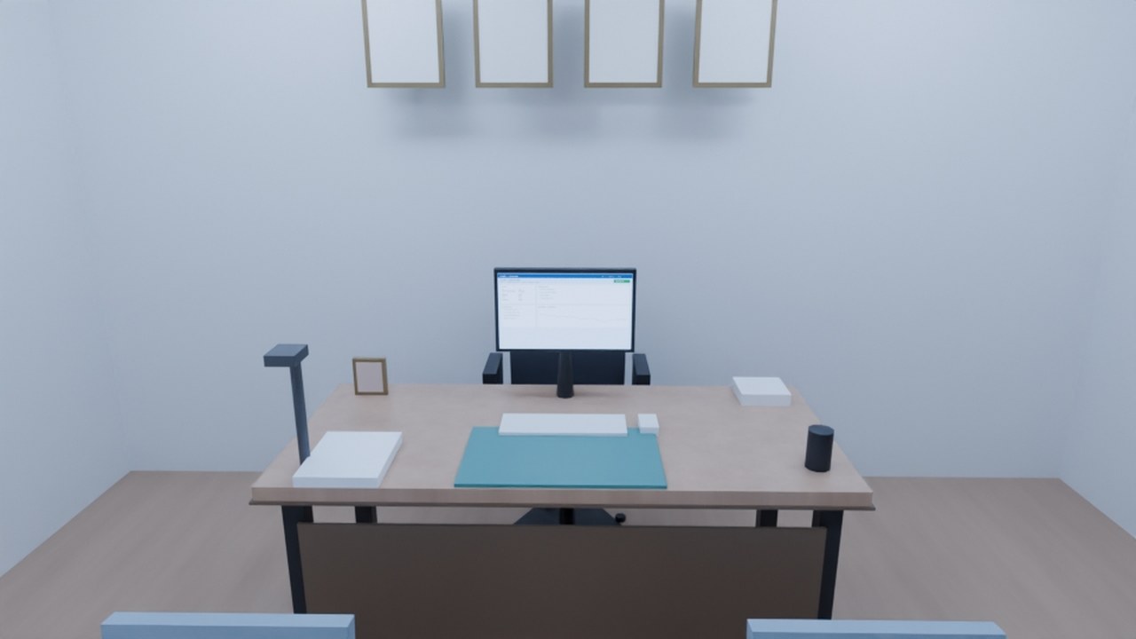 Real render: a physician's office - desk with an EMR patient-chart monitor, diploma wall, guest chairs.