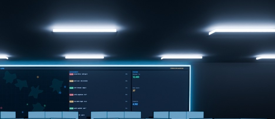 Cropped detail: the security big-board - threat map and live incident feed.