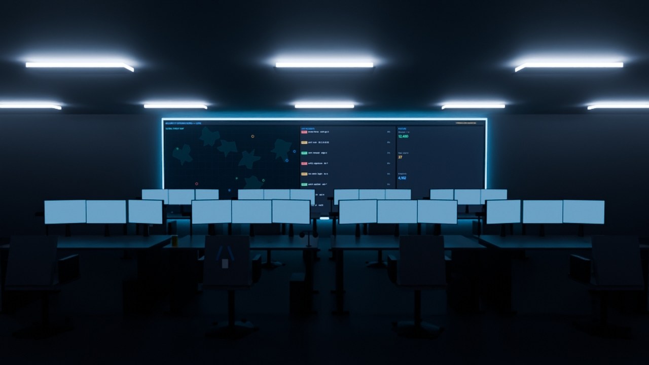 Real render: a cybersecurity SOC with a security big-board status wall and analyst desks.