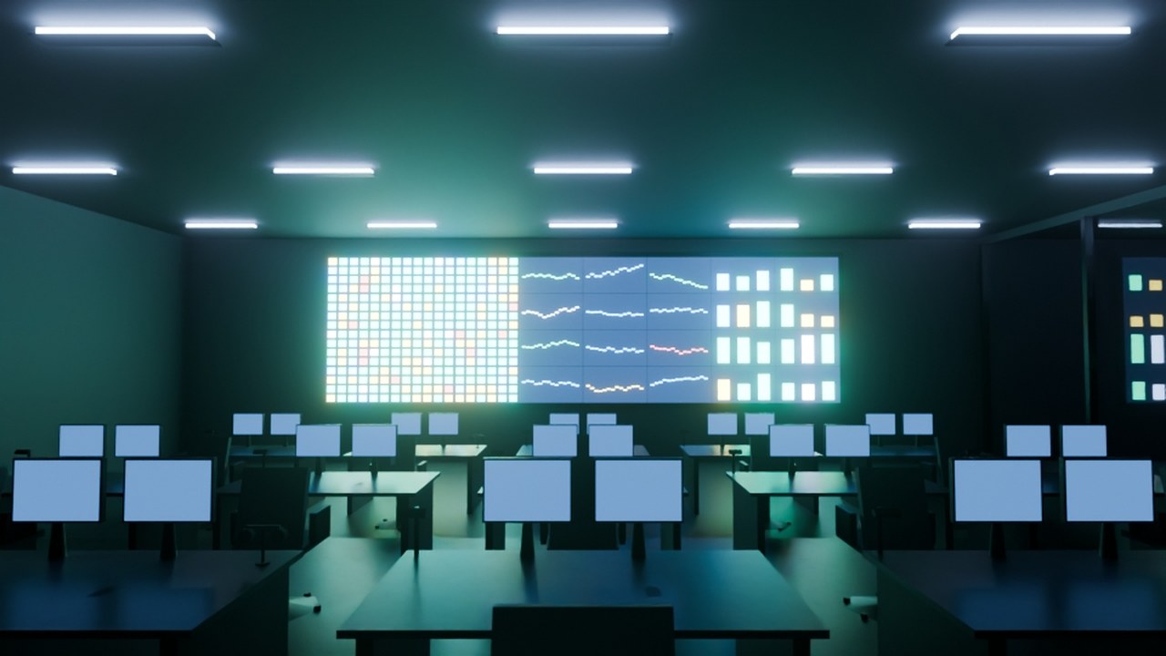 Real render: a datacenter NOC with an 8x4 monitoring video wall and operator workstations.
