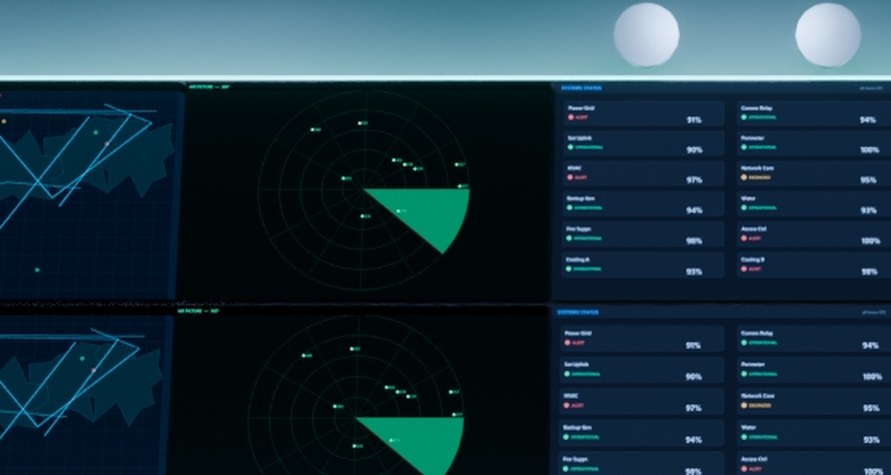 Cropped detail: the situational-display wall - tactical map and radar scope.