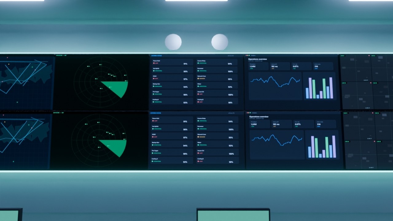 Real render: a military situation room with a 5x2 situational-display wall of maps and radar.