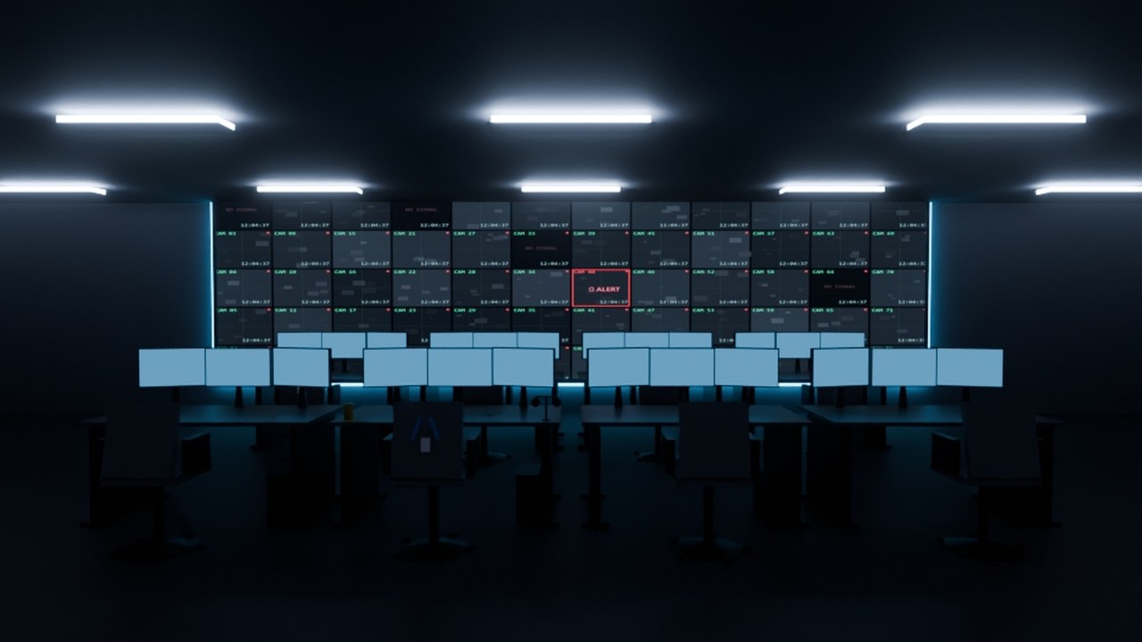 Real render: a surveillance control room with a 72-tile CCTV camera wall and operator desks.