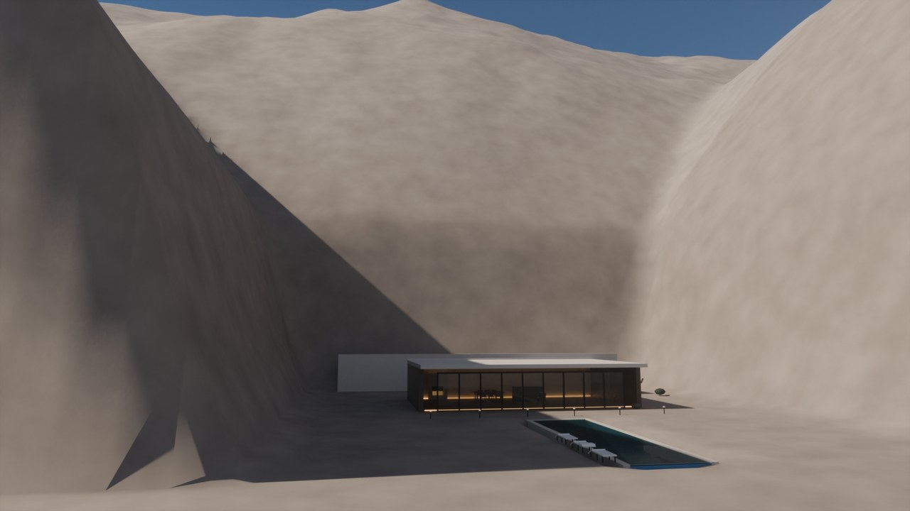 Real render: a dark board-formed-concrete villa against snow-capped alpine peaks.