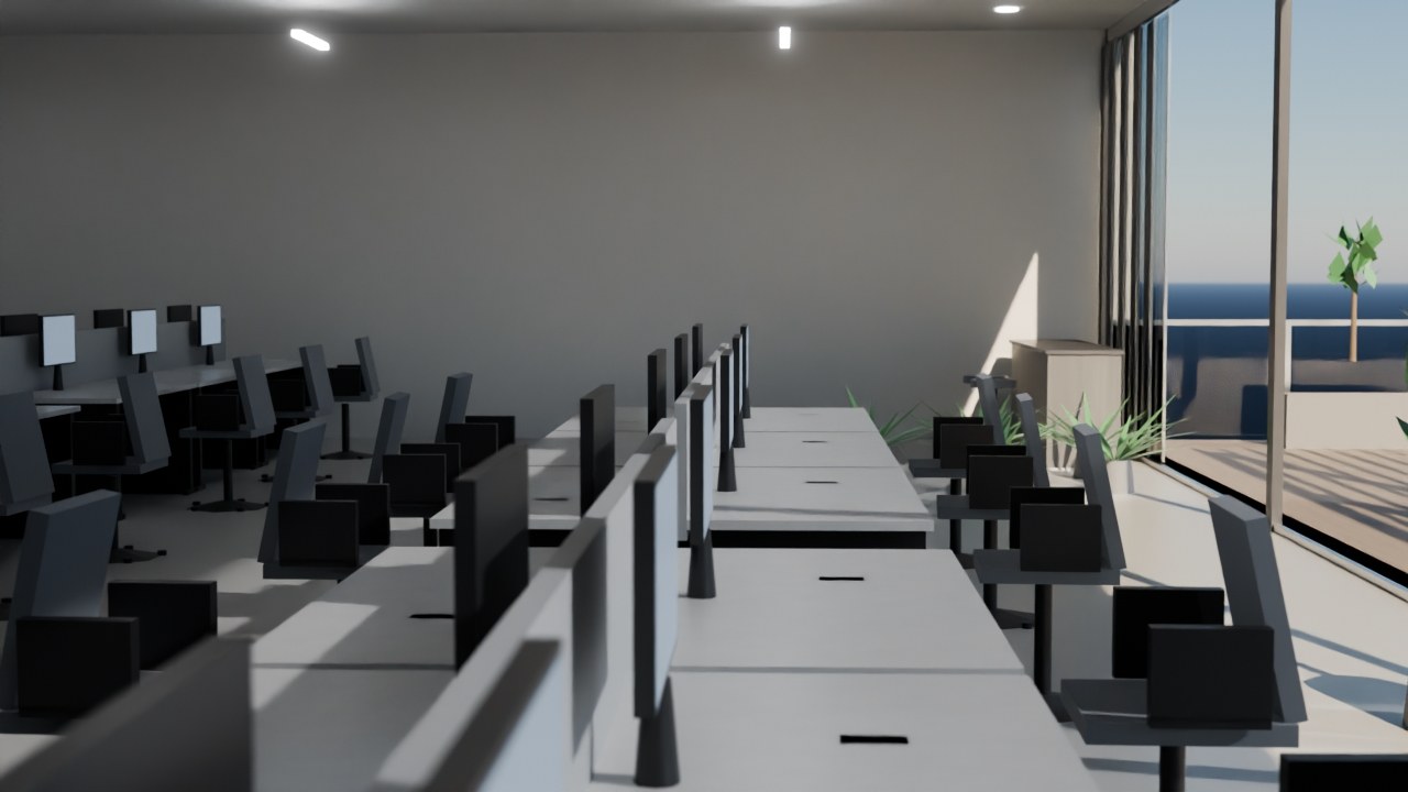 Real render: a compressed angle down one desk bench row toward the window wall.