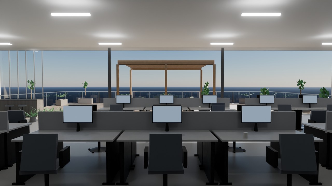 Real render: an open-plan desk floor opening onto a rooftop terrace through a folding glass wall, pergola and lounge beyond.